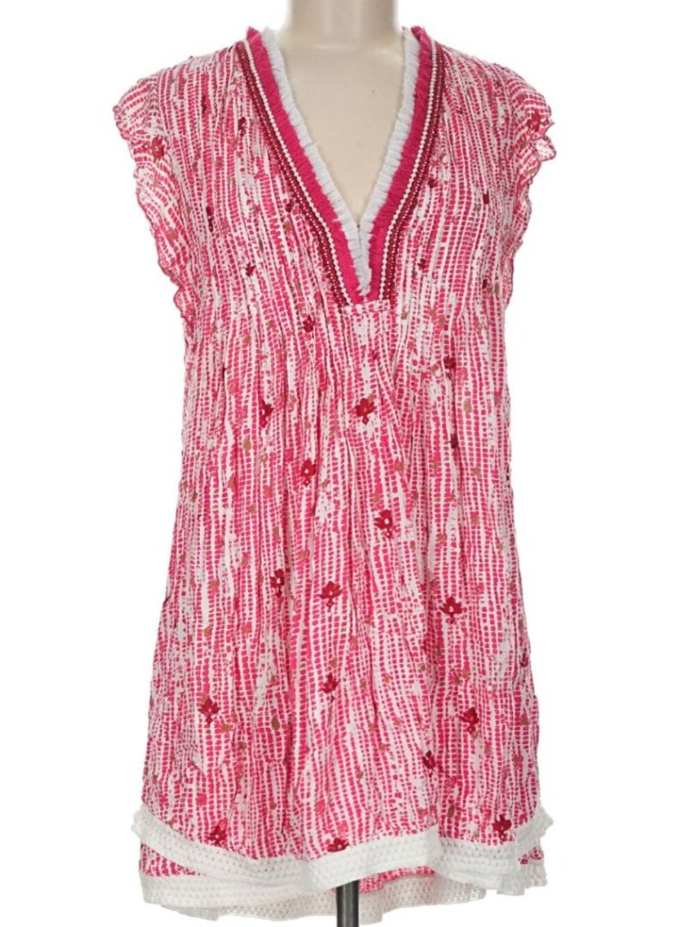 Poupette St Barth Women's Sasha Mini Dress Red White Pintuck Flutter Sleeve XS